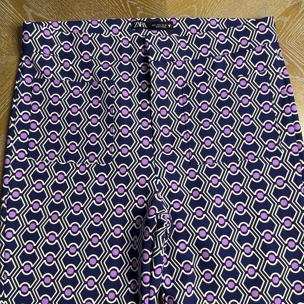 ZARA Geometric Purple Print Crop Flare Pant L - Picture 5 of 11